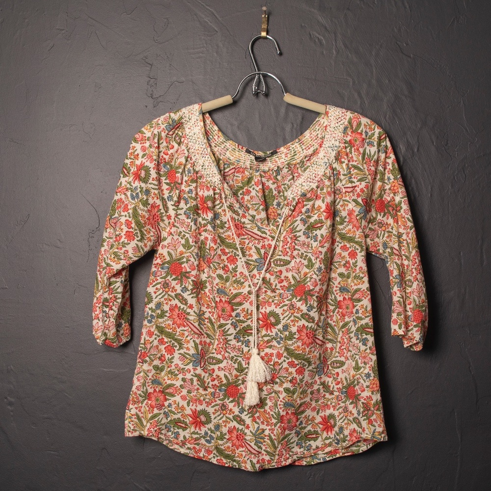 Lucky Brand Tunic Top 3/4 Sleeve with Tassel Sm